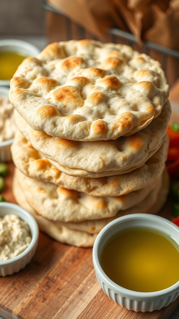 Freshly baked sourdough pita bread stacked on a cutting board with hummus and vegetables.